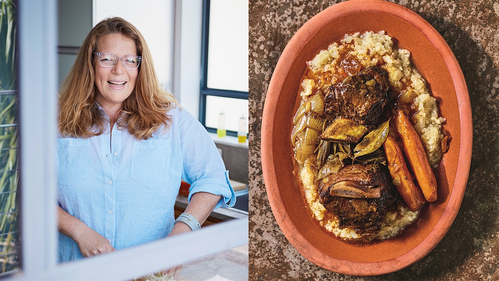 Portrait of Adeena Sussman next to a photo of her braised short ribs with kohlrabi mash and carrots